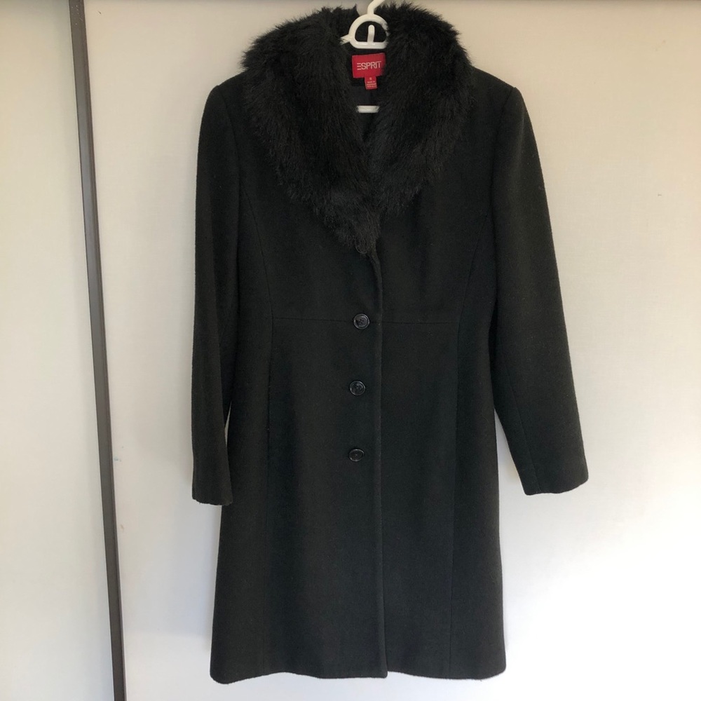 Esprit faux fur trimmed black wool coat